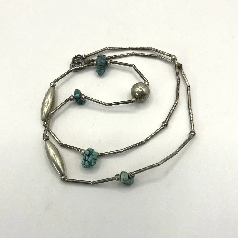 Vintage Turquoise Nugget‎ Sterling Silver Round & Melon Bead Necklace - Picture 3 of 11